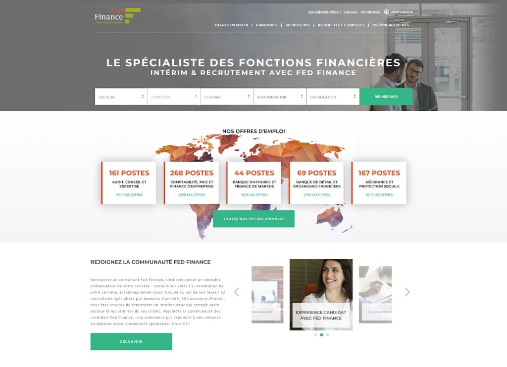 Maquette site corporate institutionnel — hero recrutement, recherche avancée et offres métiers