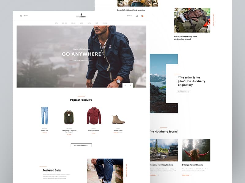 Maquette e-commerce premium — hero lifestyle, grille produits et navigation épurée